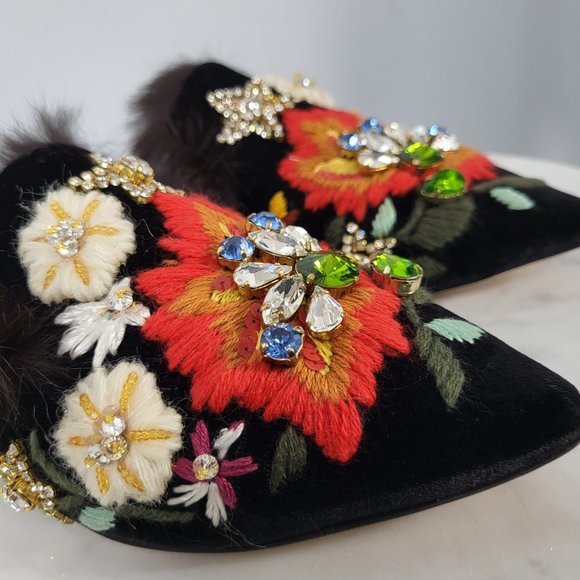 NWB~$695~GEDEBE~35/5~BLACK EMBELLISHED RHINESTONE REAL FUR FLATS MULES SHOES - Picture 11 of 16